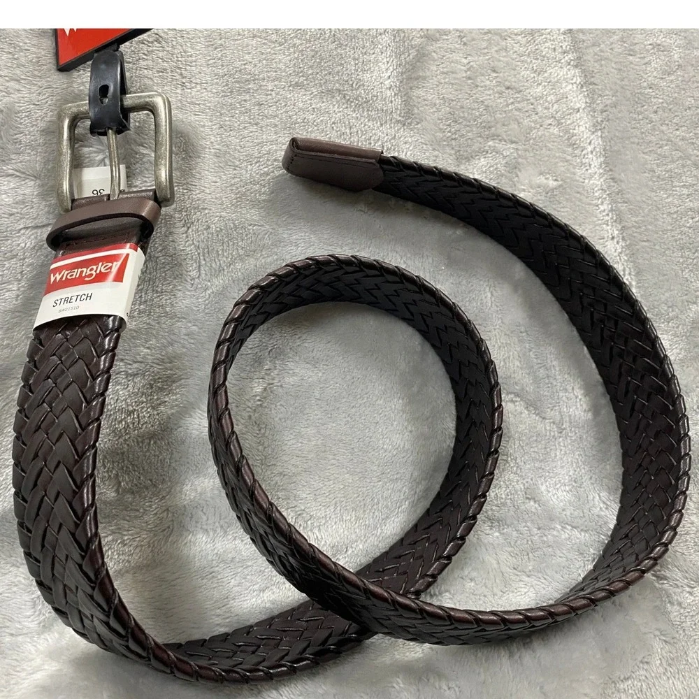 Wrangler Braided Leather Belt Mens 36 Dark Brown Stretch Woven Silver BW21510